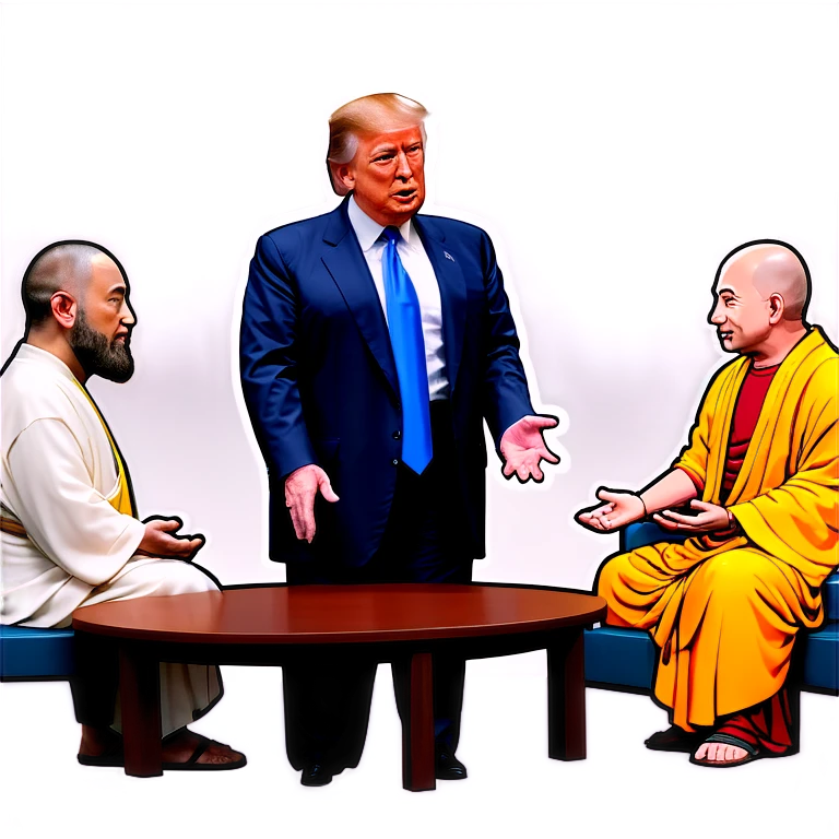 Jesus, Buddha, Musk, Bezos, and Trump in a meeting emoji
