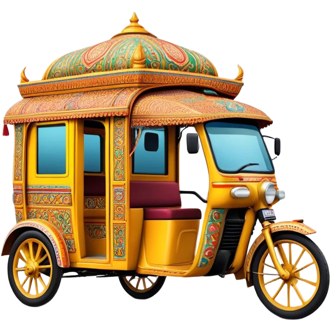 Cinematic Realistic Indian Auto Rickshaw Emoji, depicted as a colorful, bustling auto rickshaw with intricate designs and vibrant hues, rendered with lively textures and dynamic urban lighting that captures its quintessential presence in Indian cities. emoji