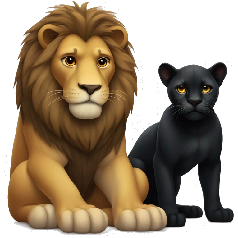 Big serious lion sitting next to a small young black panther emoji