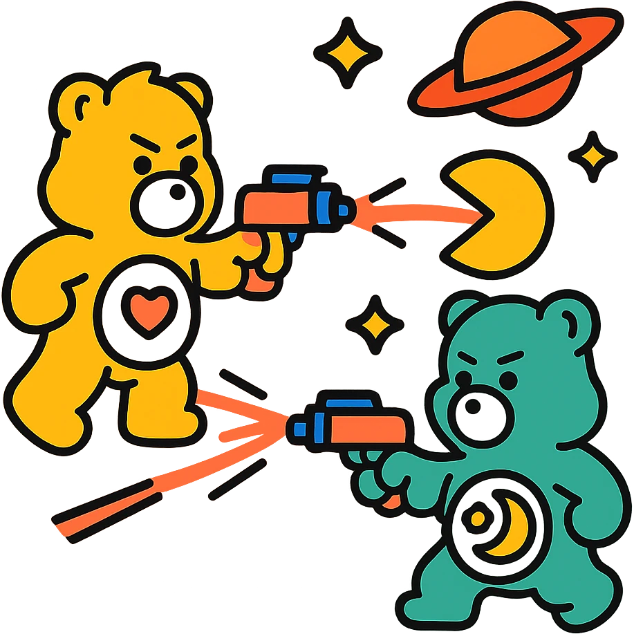 Care Bears and Pacman in a laser battle, 80's sci-fi style emoji