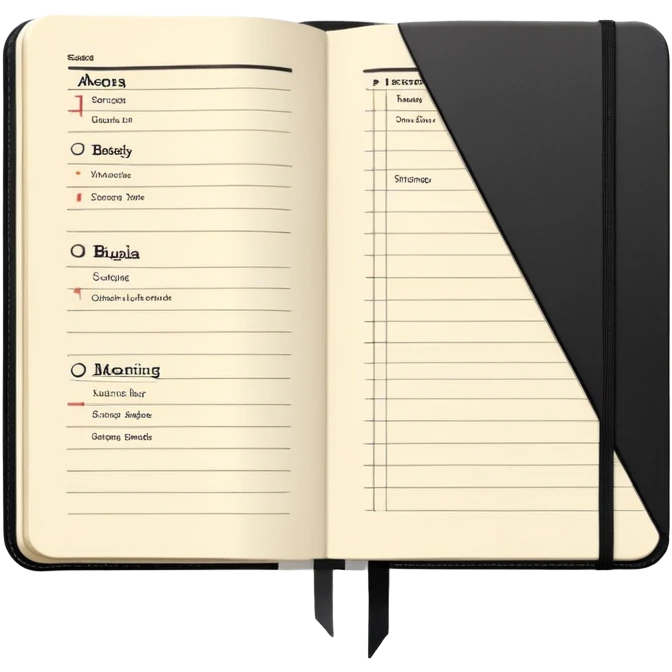 A detailed black Moleskine notebook open flat showing an agenda page with bullet points and a meeting schedule emoji