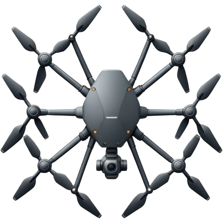 Hexacopter icon, top-down view, symmetrical 6-arm drone, minimalistic thin line art, flat design, isolated on white. emoji
