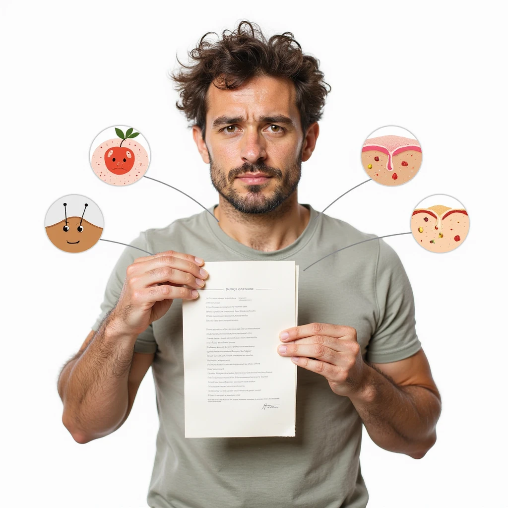 realistic man with dull hair and dry skin holding a shopping list without healthy fats, attention symbols near body areas like hair and skin, Italian caption: 'Mancanza di grassi buoni: rischio per estetica e salute', isolated on white background emoji
