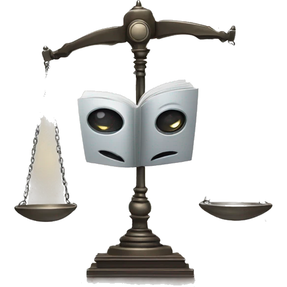 a balance of justice with a robot head on one side and a book on the other side emoji