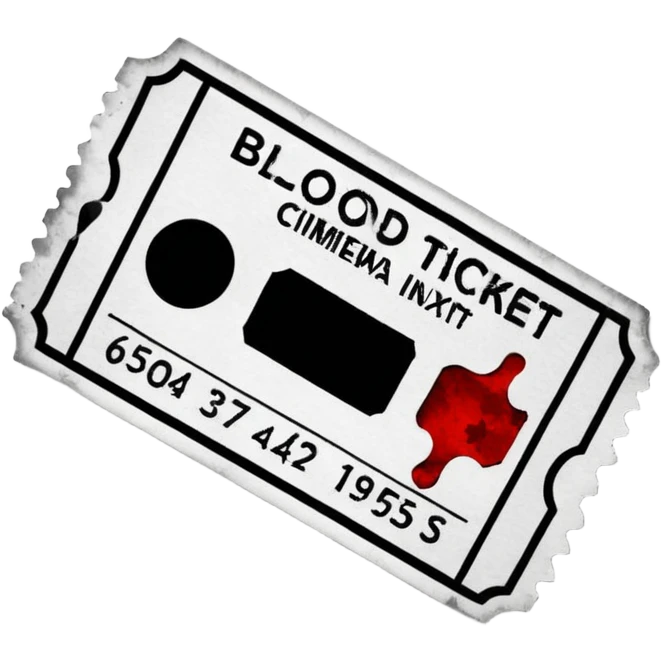 Minimalist emoji-style sticker of an old torn cinema ticket, blood-stained edges and burn holes, grayscale paper

 emoji