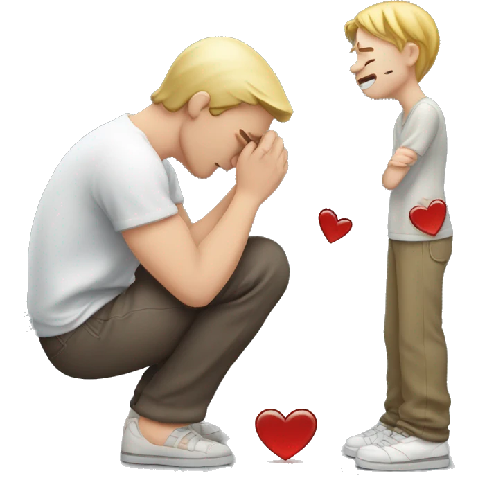 A white-skinned man kneeling and crying, trying to mend his girlfriend's broken heart. The heart is a broken emoji heart, highlighting the emotional scene. emoji