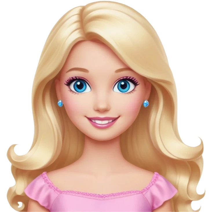 A Barbie-inspired girl with long blonde hair, wearing a pink dress, smiling with bright blue eyes and soft pink makeup, in a pastel background emoji