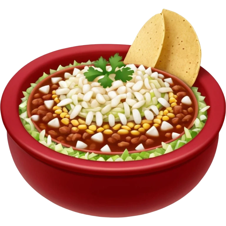 A delicious hot bowl of pozole rojo emoji. Steam rising. Hominy visible. Place the sides next to the bowl: chopped onions, shredded cabbage, lime wedges, red chile de arbol salsa, and full round tostadas emoji
