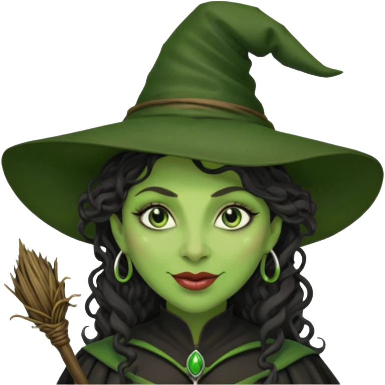 elphaba the wicked witch from wicked movie (cynthia erivo) dark long curly hair, thick lips, wide nose, green skins, witch hat, witch broom, evil, wicked musical film, evil smirk emoji