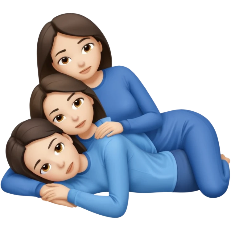 two white brunette women lying down full body on top of each other wrapped around each other one wearing a blue shirt they should be melting into each other. ONLY two women not three emoji
