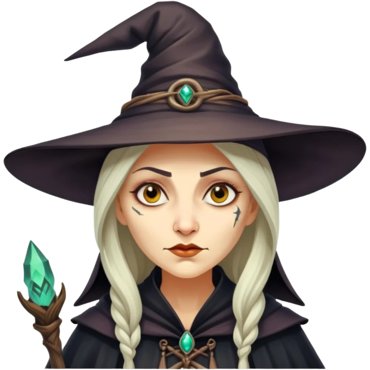 Baba Yaga sorceress woman, classic witch hat, mysterious expression emoji