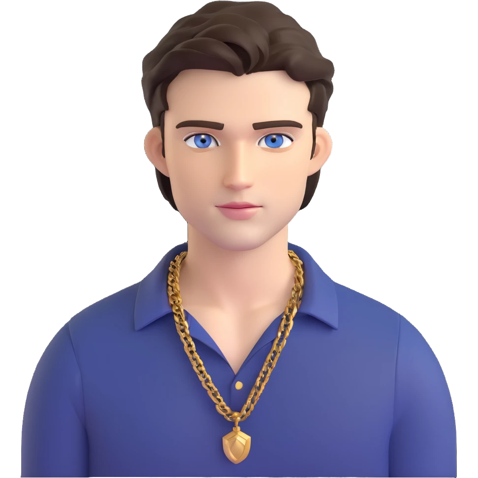 handsome male with intense blue-grey eyes, chiseled features, pale skin, confident smirk, dark brown styled hair, baddie energy, gold chain, stylish fitted shirt emoji