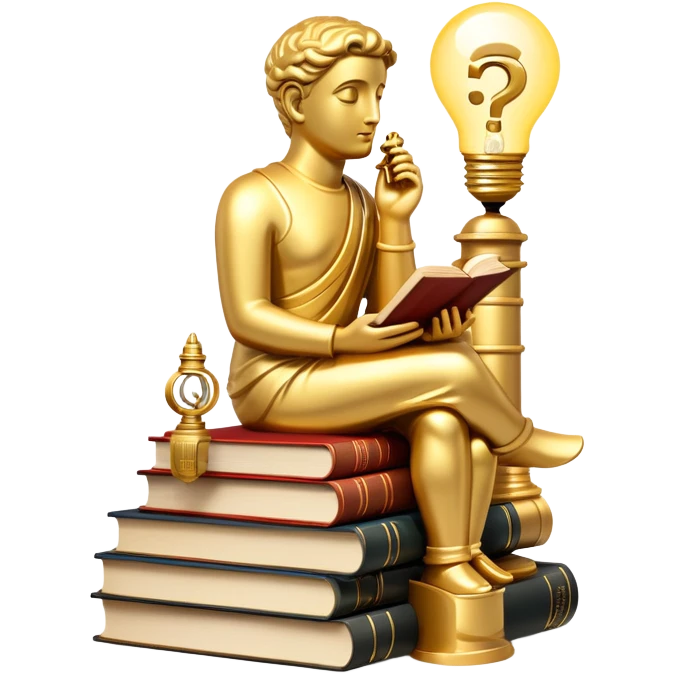 An icon featuring a thinker statue, a scroll, and a question mark, symbolizing philosophy. The design includes books, a lightbulb, and abstract symbols representing deep thought and wisdom. Transparent background highlights the study of ideas, logic, and existential questions emoji