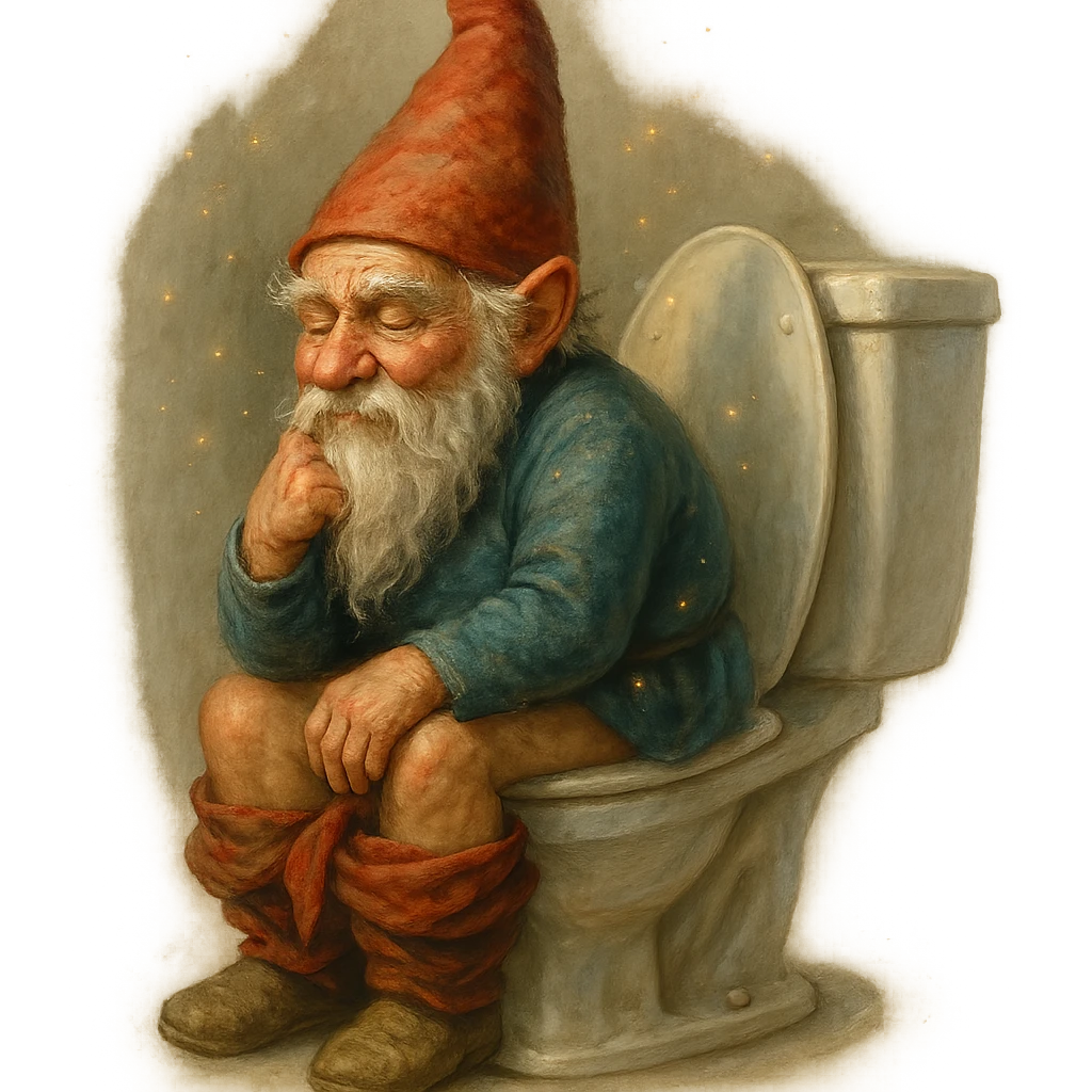 realistic gnome on a toilet, subtle magical elements, soft lighting emoji