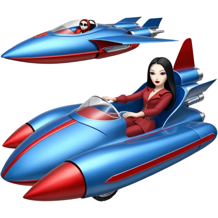 Ultra Jetson’s Jedi teen Morticia Addams flying a chrome accented red and blue Zephyr-J Jumpspeeder anti-gravity repulsorlift powered by an imperial speeder steampunk hypercar  emoji