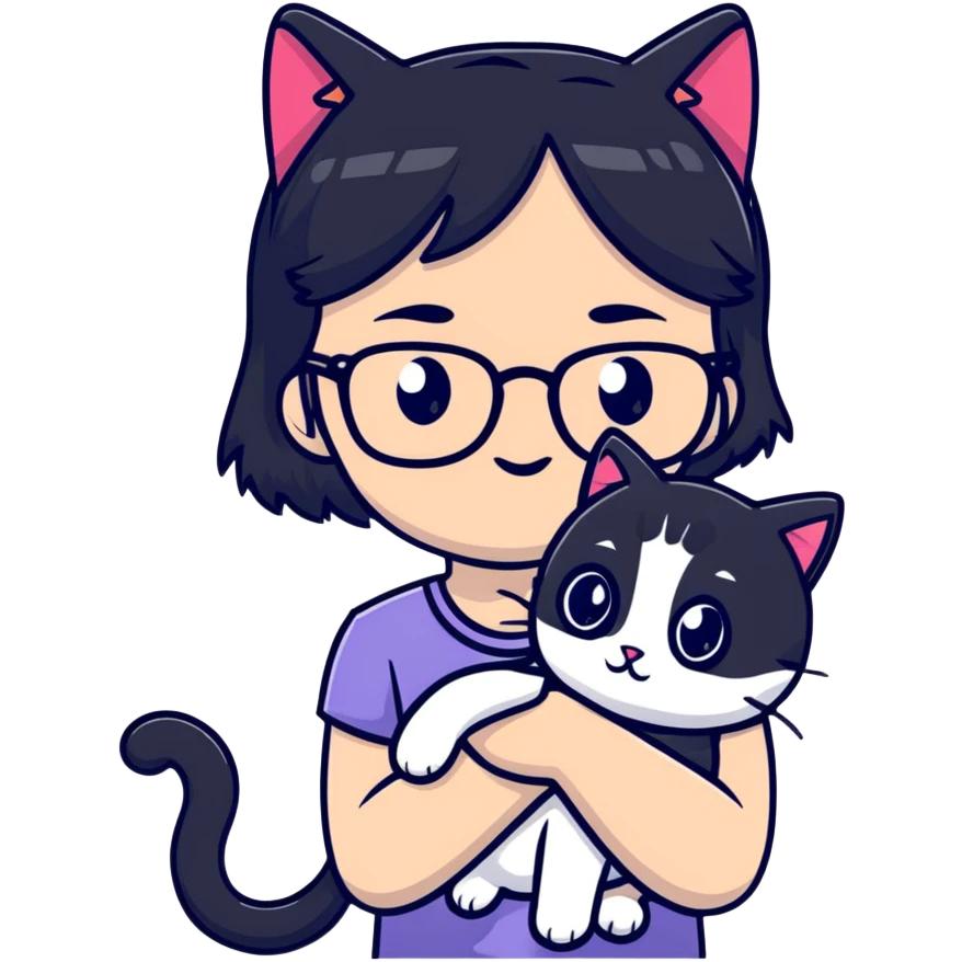 Girl with black hair wearing glasses holding a black and white cat emoji