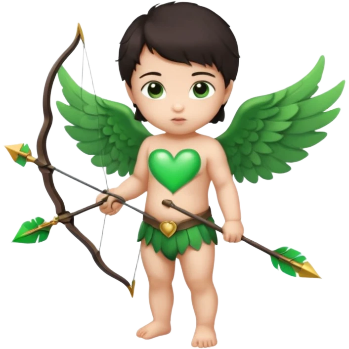 cupid asian baby flying full body with wings with brown eyes and dark hair handled bow and arrow green heart breaker and looking to heart emoji