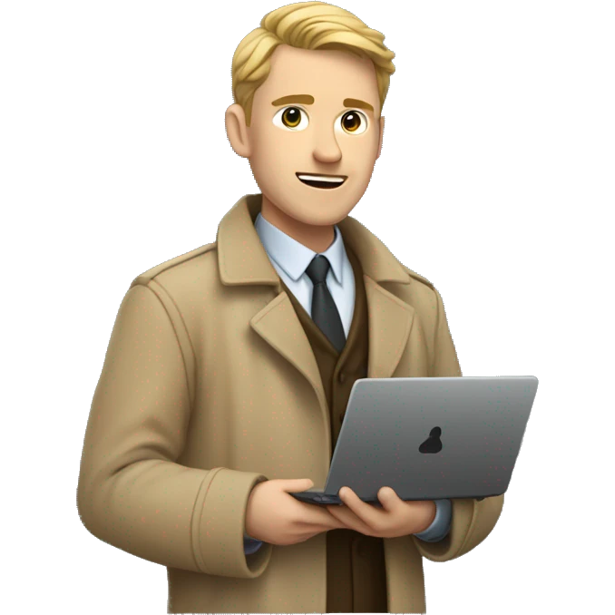 White Young man with a tan detective coat behind his opened laptop  emoji