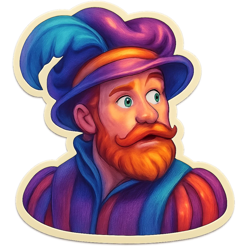 Red-bearded Landsknecht bust showing curiosity, flat lightning emoji