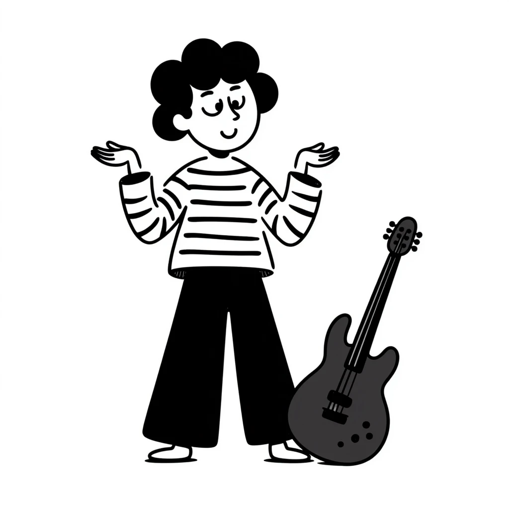 A musician smiling and shrugging shoulders with a carefree attitude, happy and unbothered expression, suggesting "it's up to you if you continue like this, I'm happy" emoji