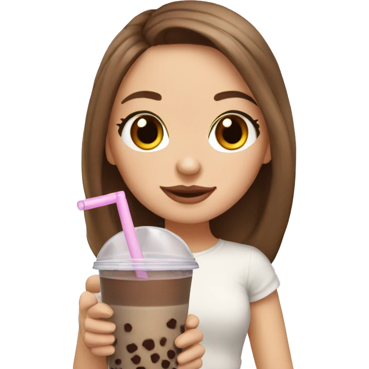 White girl with brown hair and brown eyes drinking bubble tea emoji