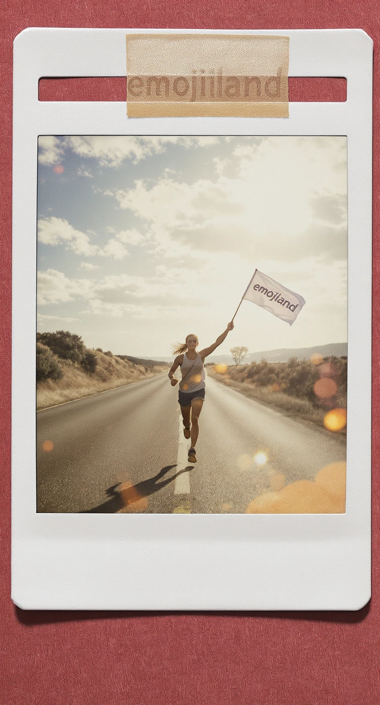 happy runner waving a flag that says 'emojiland' emoji