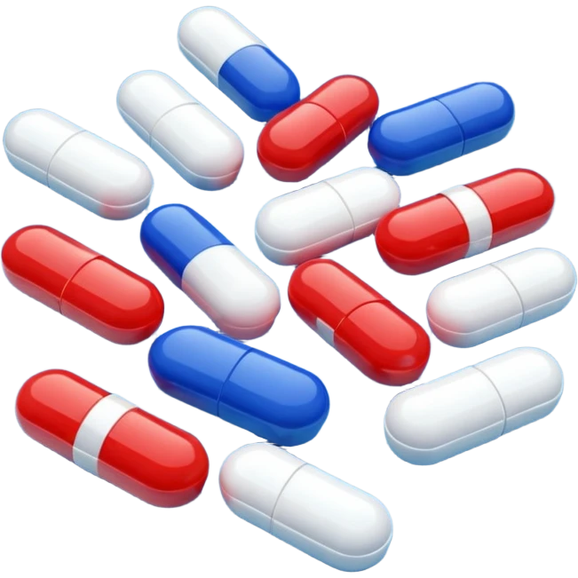 A close-up of mixed pills and capsules, red, white, and blue colors, clean background, light reflections on surface, realistic Memoji-style. emoji