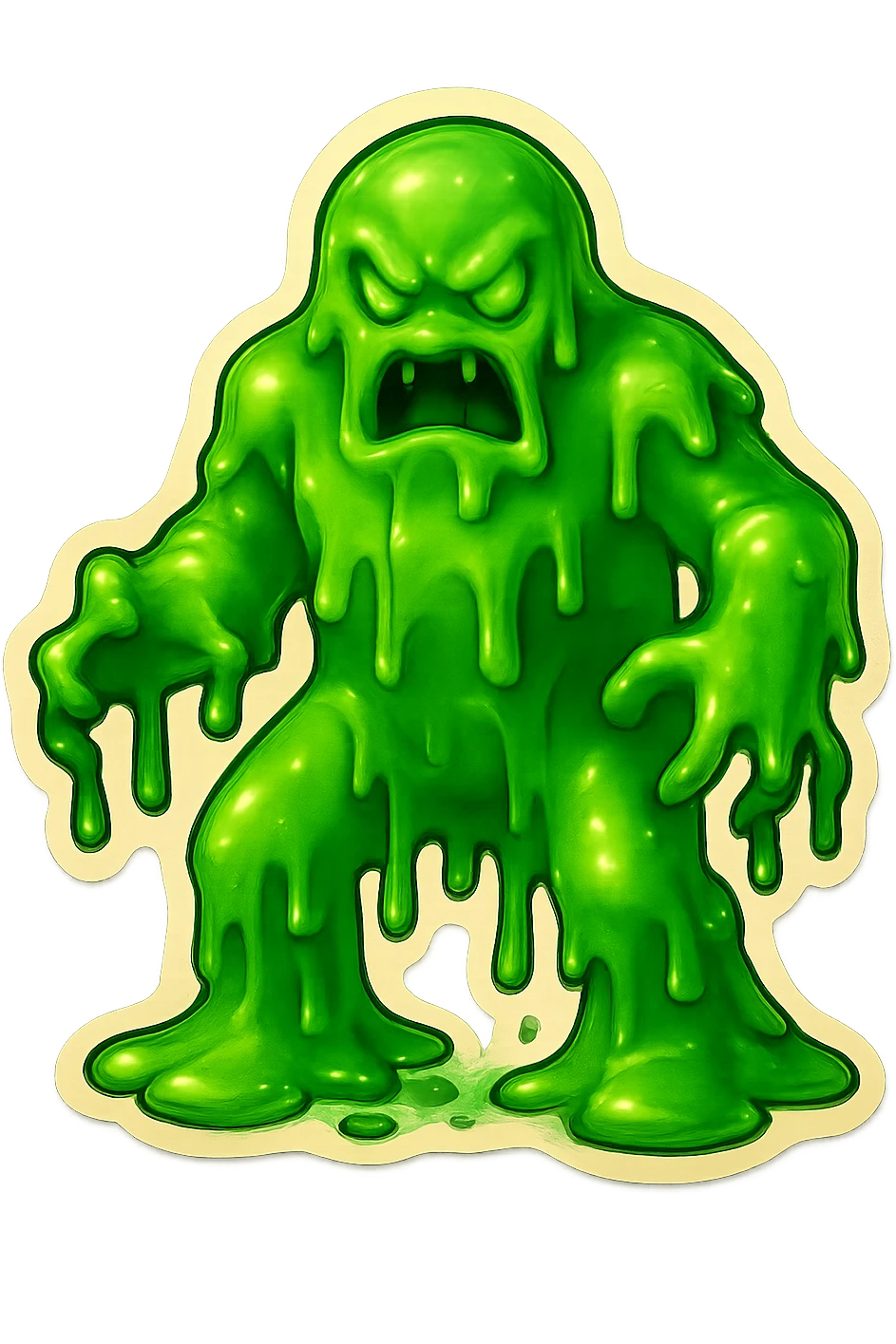 Slime monster. green slime. scary sinister. slime attacks. show full body. more dripping slime. talk humanoid slime creature. sinsiter and scary...green slime. has 2 arms and a vague head emoji