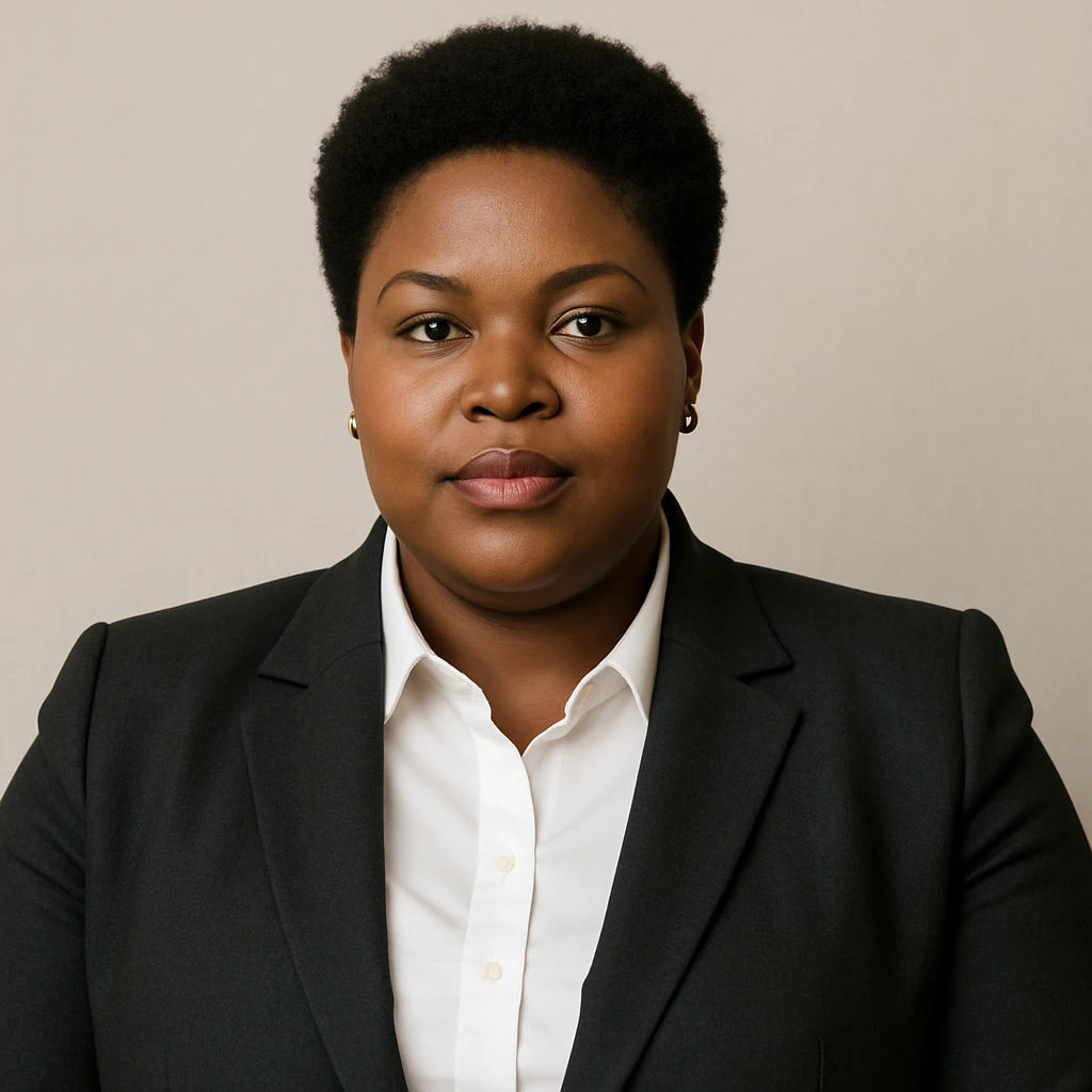 professional plus size Black woman with a short afro, business attire, confident expression, neutral background, upper body focus emoji