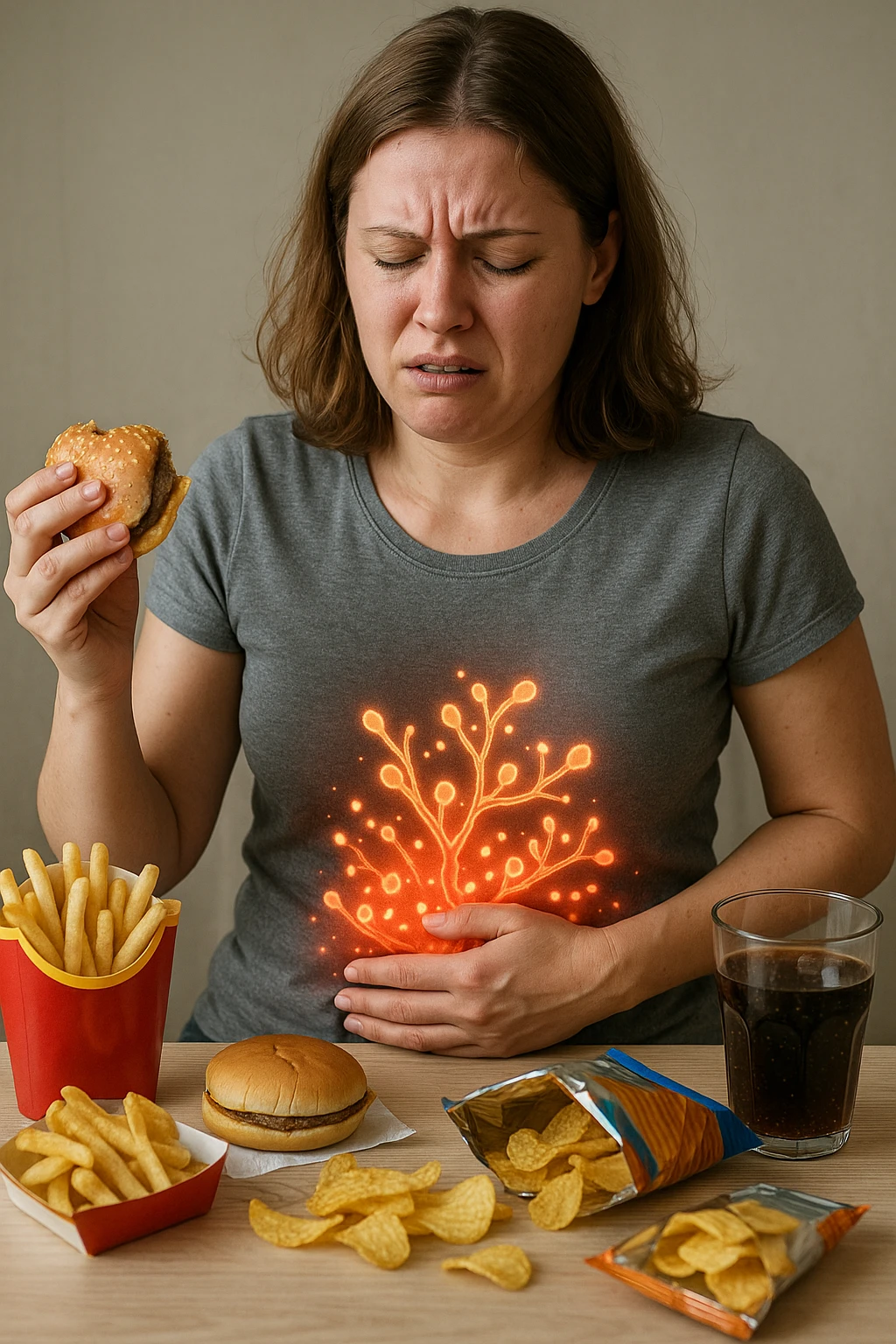 donna con candida intestinale realistic mangia cibo ultraprocessato che fa crescere la candida intestinale emoji