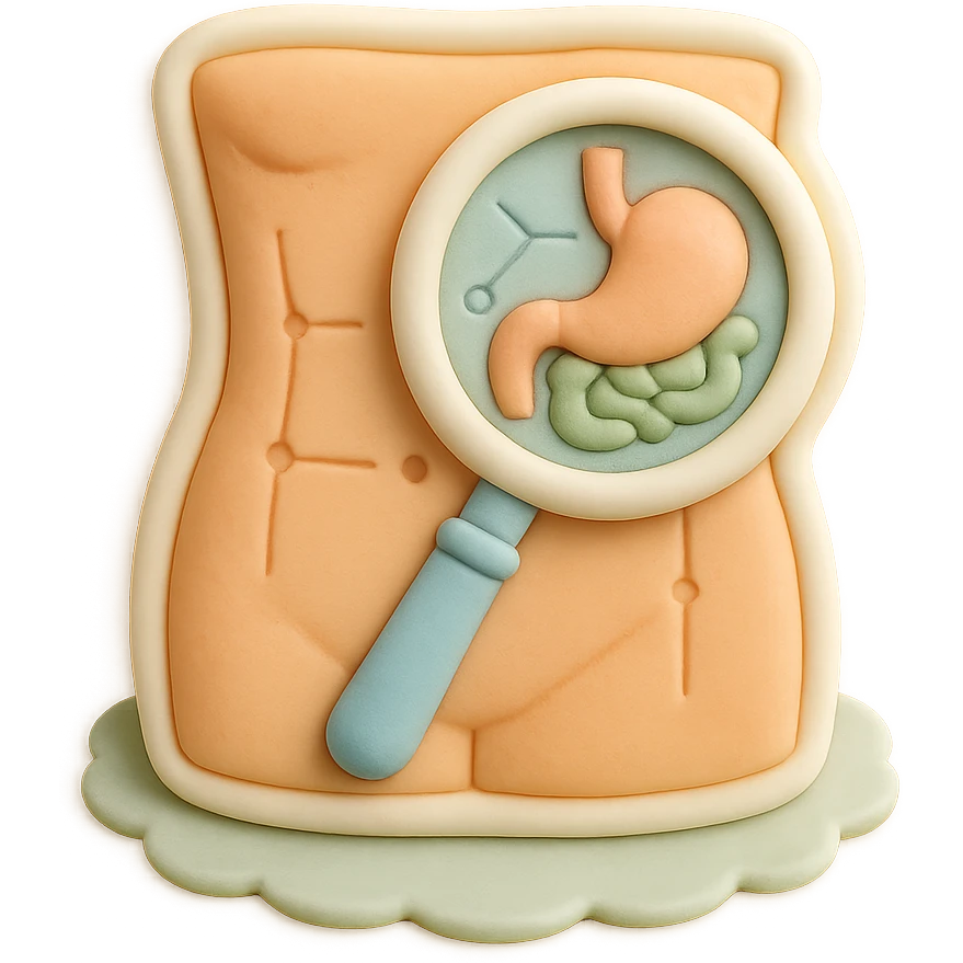 medical-themed sticker with a magnifying glass zooming in on the abdomen, including subtle labels or diagram lines, anatomical details, clinical, clean emoji