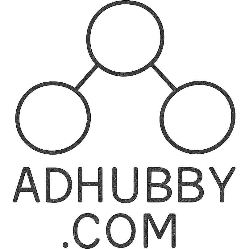 minimal tech-inspired logo for adhubby.com, multi-agent creative team, simple digital icon such as network nodes or chat bubbles, clean typography, designed for small business appeal emoji