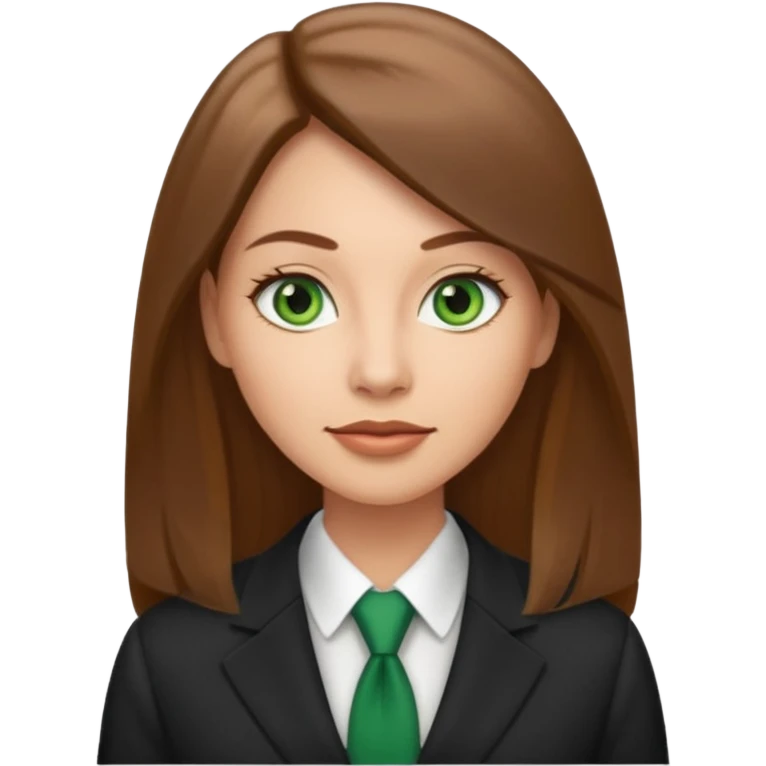 Adult woman avatar, light skin tone, oval face, straight long brown hair, green eyes, neutral mouth, business  emoji