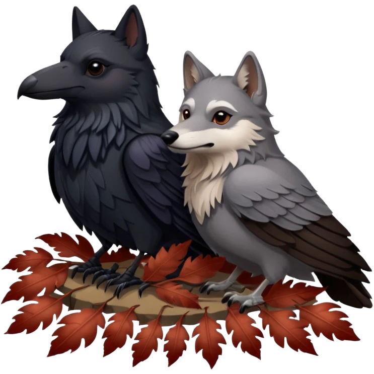 A raven bird and a wolf laying together with Weirwood leaves beneath them  emoji