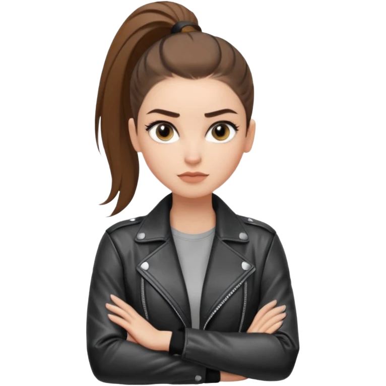 สีตาสีเทาอ่อน มีประกายคม
คิ้วได้รูป มองแล้วดูสตรอง
ผมหางม้าสูง
ลุคสตรีทแฟชั่น
ท่าโพสกอดอก
ฟีล: Girl Boss, cool beauty, minimal but powerful emoji