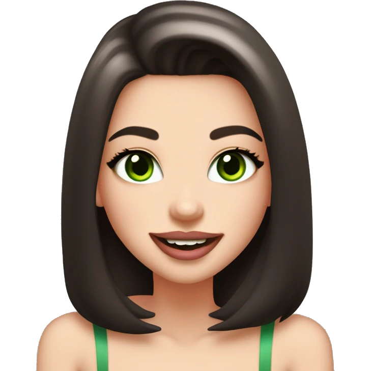 beautiful girl with high cheek bones orange blush, long straight shiny dark brown hair, big green eyes and big pale pink lips. Long thick eyelashes. Wearing a cream bustier.  She is laughing emoji