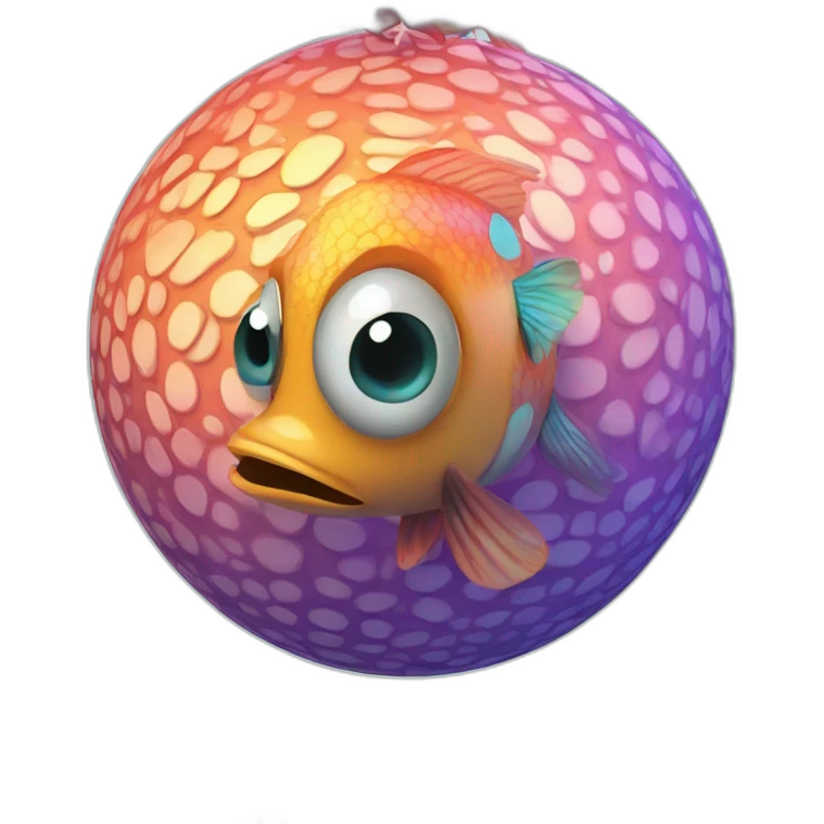 3d sphere with a cartoon hypnotic vine Tropical Fish skin texture with feminine eyes emoji