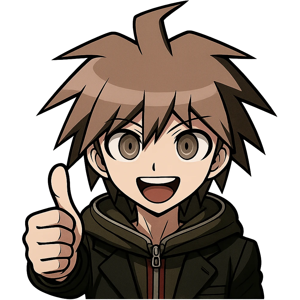 Danganronpa style emoji of Makoto Naegi with a raised thumb emoji