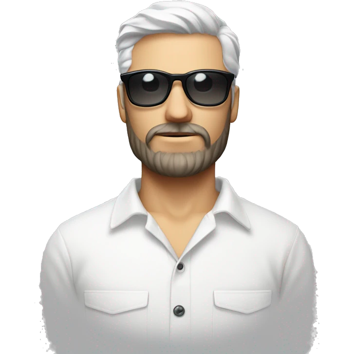 Homme blanc avec crane rasé, petite barbe, chemise blanche, lunette de soleil grise prada  emoji