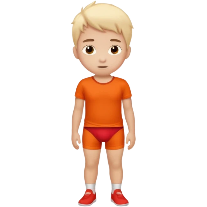 A kid wearing a red pooped underwear with a orange t-shirt looking back emoji