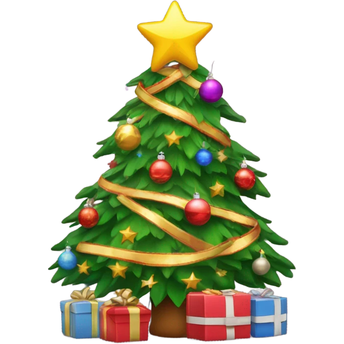 Decorated Christmas tree with presents below it and a star on top of the tree emoji