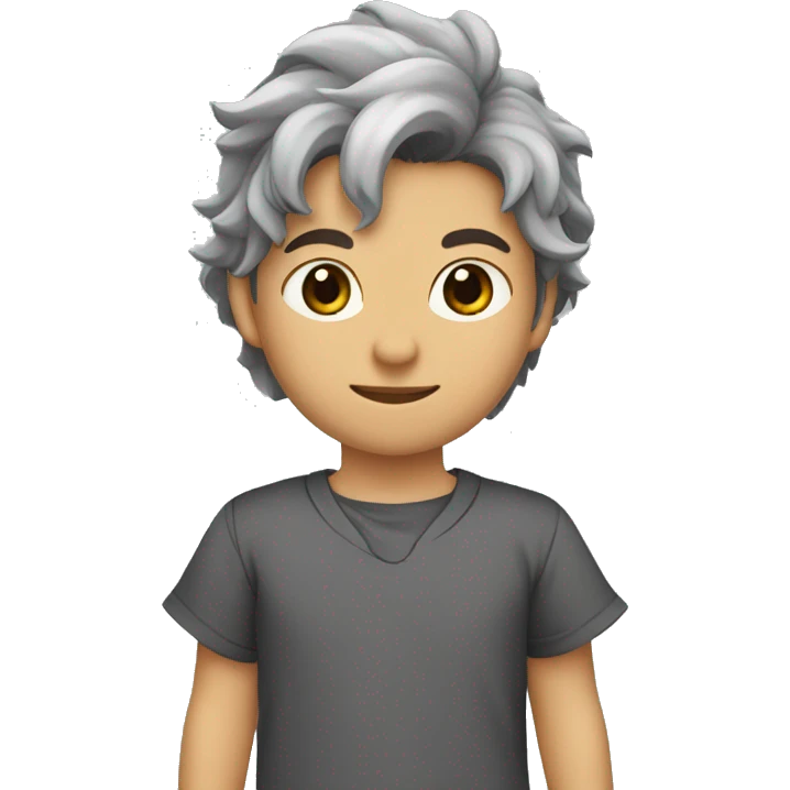 Chico de ojos marrones, con pelo gris, y vestido con pijama de dragón de color negro  emoji