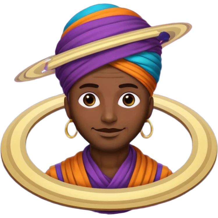 A bold emoji-style illustration with Saturn 🪐 as the dominant element, clearly showing its bright rings. Inside the planet, a stylized man wearing a colorful turban 👳🏾‍♂️, depicted as a mystical or adventurous character, sitting or floating within Saturn, integrated with the planet’s texture. emoji