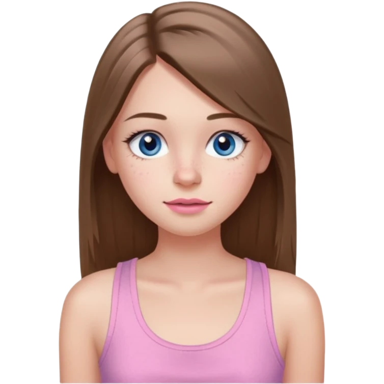 Create a TEENAGE girl with LONG and straight light brunette hair with a MIDDLE PART, light skin, light freckles, and blue-gray eyes. She will have pink lips and LONG eyelashes. She will be wearing a light pink tank top emoji
