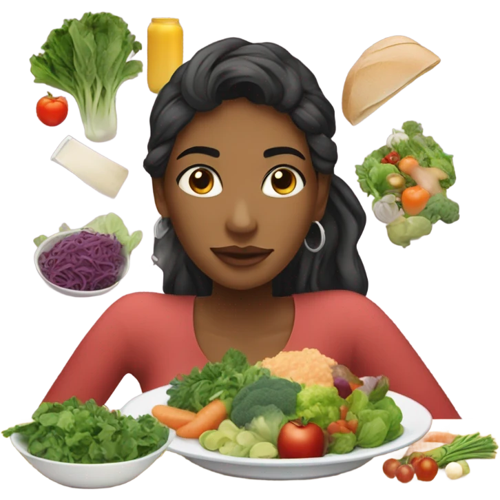 a woman looks at a plate of healthy food emoji