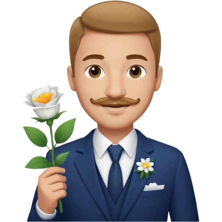 Homme 23 ans léger bouc moustache pas trop épaisse en costume bleu foncé chemise blanche insigne cabin crew portant bouquet fleur blanche souriant  emoji