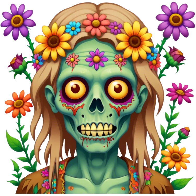 Cinematic ultra detailed 32k HD Psychedelic colored hippie style zombie with flowers emoji