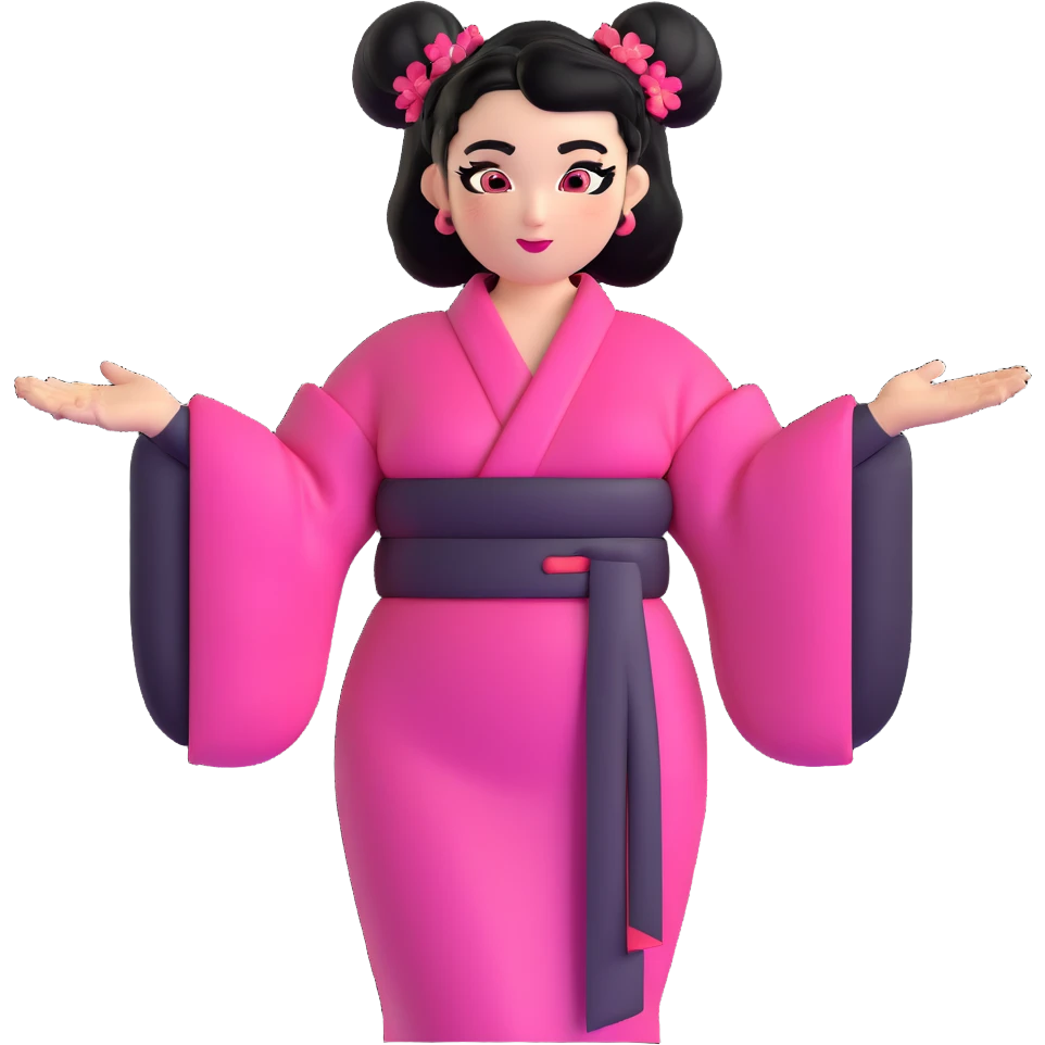 character inspired by Netta Barzilai's Eurovision 2018 'Toy' performance, black hair in two large space buns, vibrant pink black and red kimono-style dress with exaggerated sleeves and belt, bright makeup with winged eyeliner, sassy and empowered expression, playful hand gesture emoji