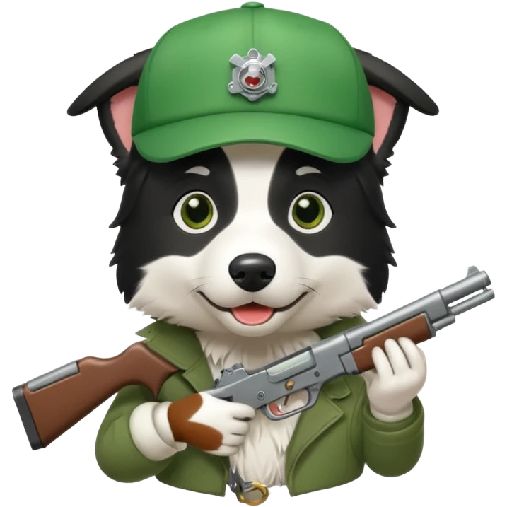 A border collie dog with a green cap and an automatic gun emoji