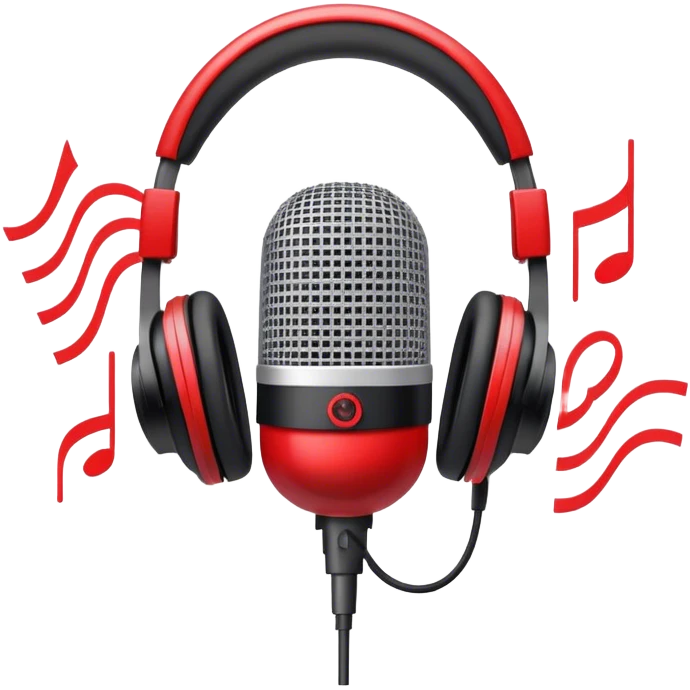 Create a dynamic and energetic emoji that represents beatboxing. The design should feature a stylized microphone with sound waves emanating from it, symbolizing vocal percussion and rhythm. Add elements like headphones or a subtle speaker to emphasize the music production aspect. Use bold colors like black, white, and red to convey the intensity and creativity of beatboxing. The background should be transparent. emoji